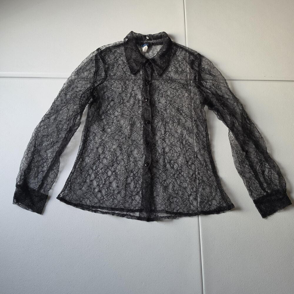 90s Y2K Whimsigoth Gothic Punk Button Up Shirt Womens Medium Black Sheer Lace